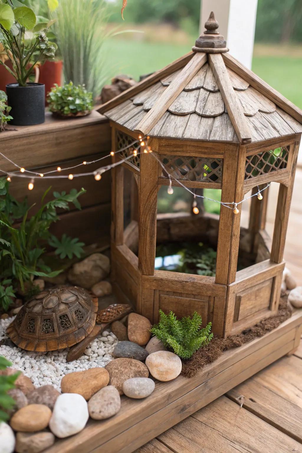 A cozy DIY wooden home for turtles.