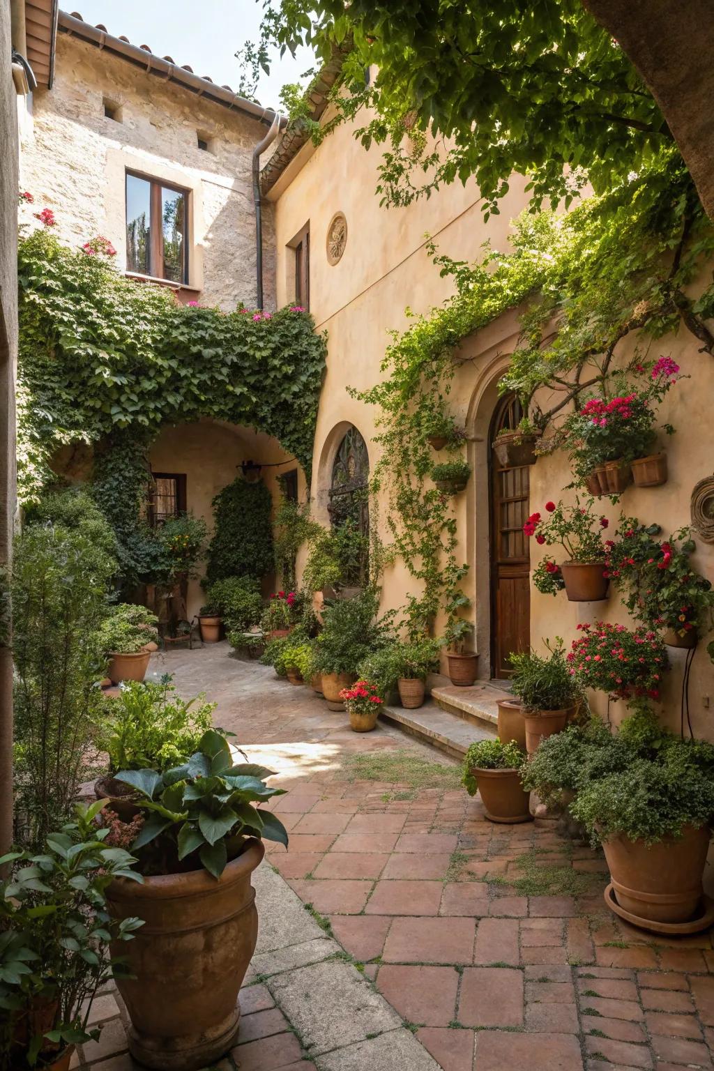 Lush greenery breathes life into this Tuscan courtyard.