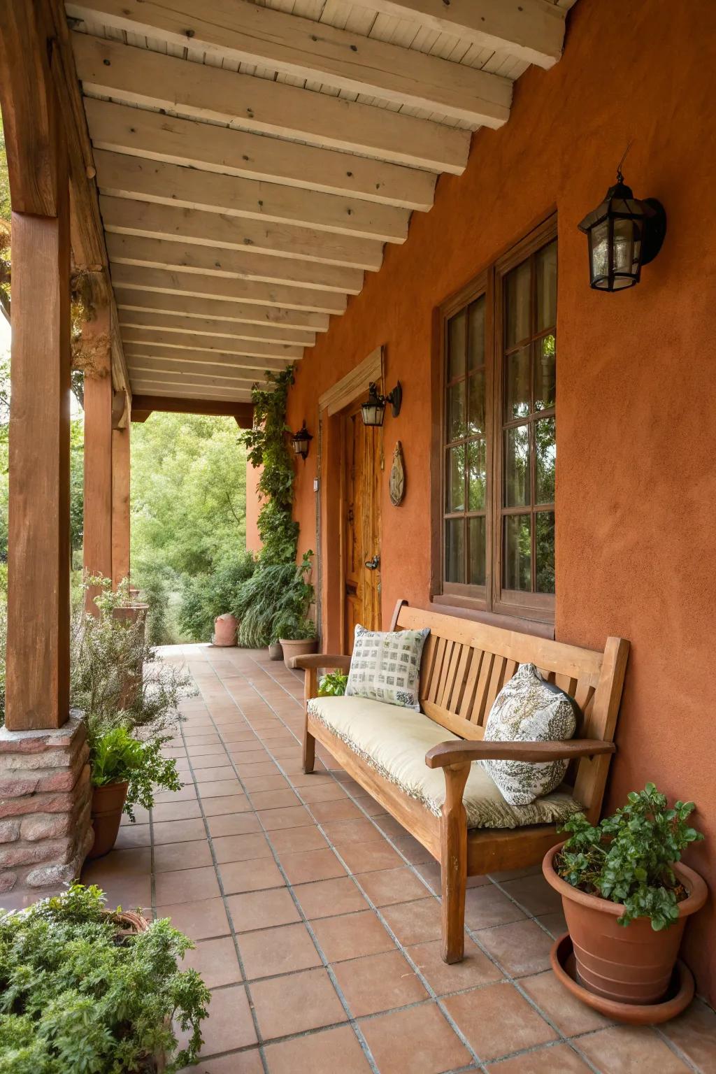 A warm and inviting porch with earthy tones and natural textures.