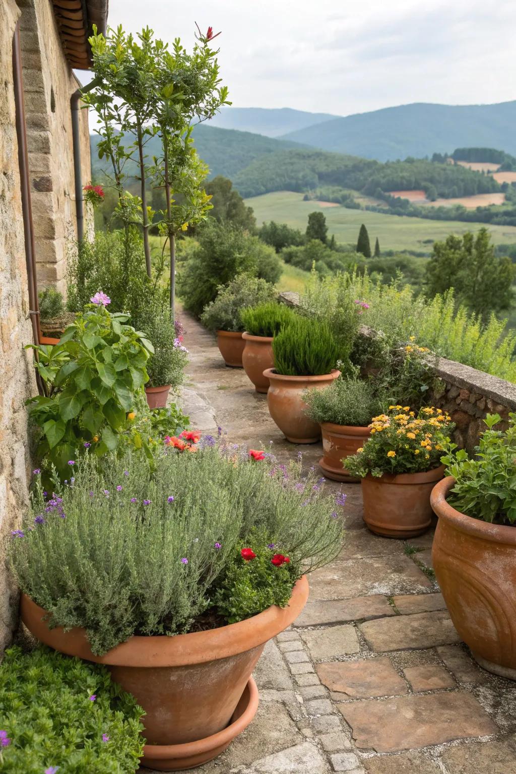Terracotta pots filled with vibrant plants enhance the Tuscan vibe.