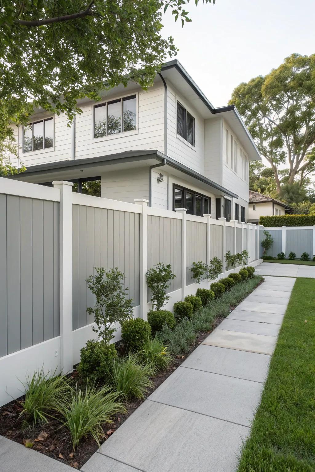 White and gray fence providing a sleek backdrop for a modern home.