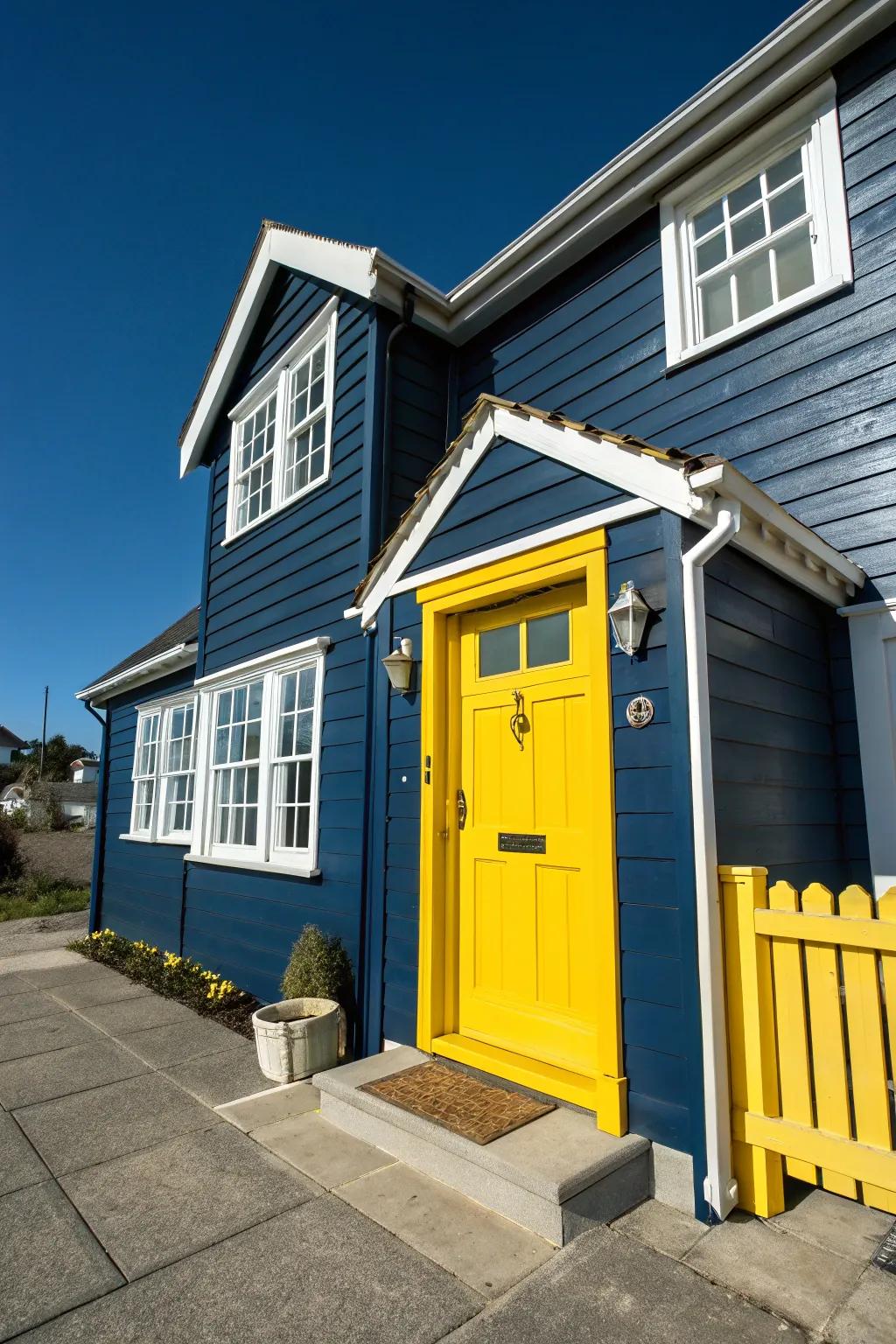 Navy and yellow create a vibrant and modern exterior.