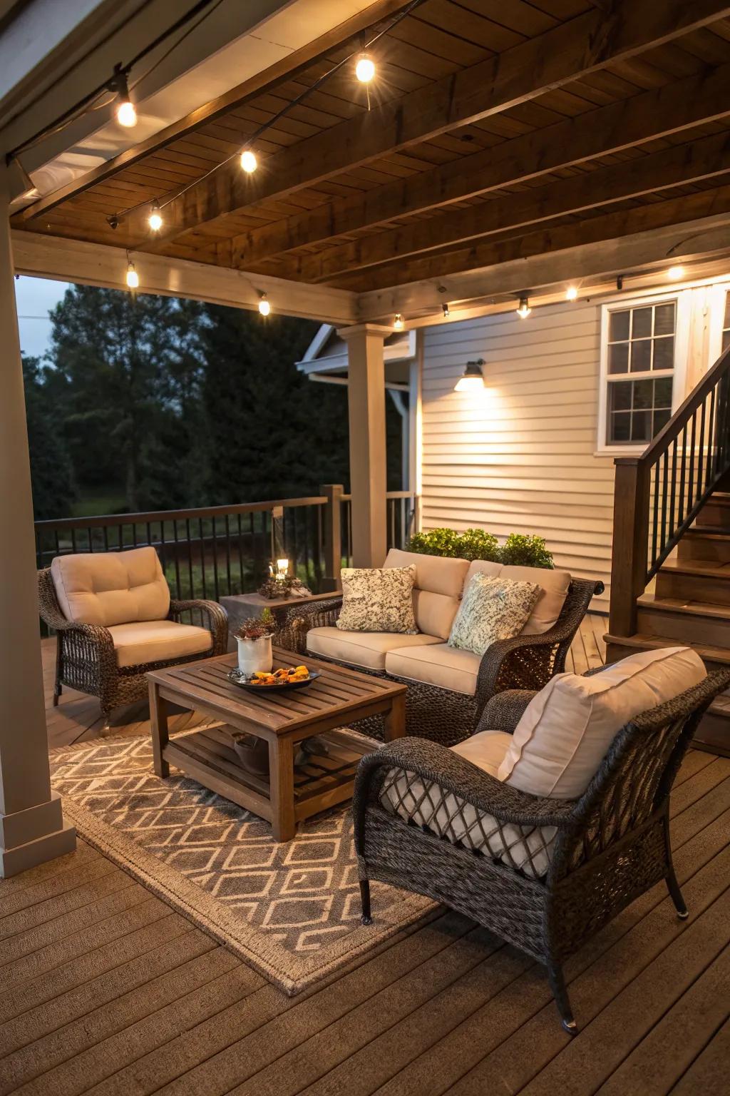 Create a welcoming space under your deck with comfortable furniture.