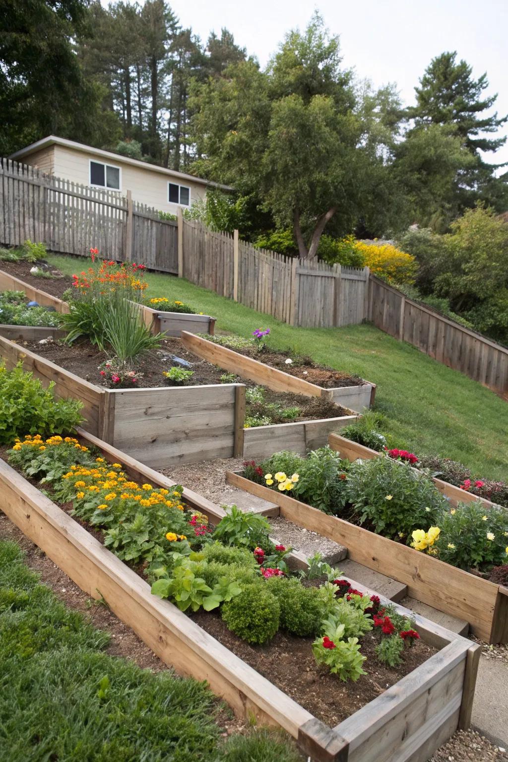 Raised beds transform uneven spaces into lush gardens.