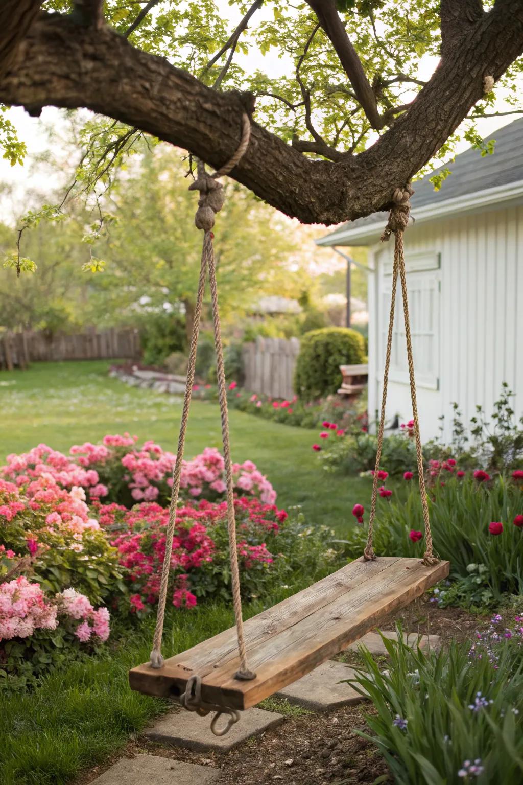 A charming swing adds a playful touch to this beautiful garden.