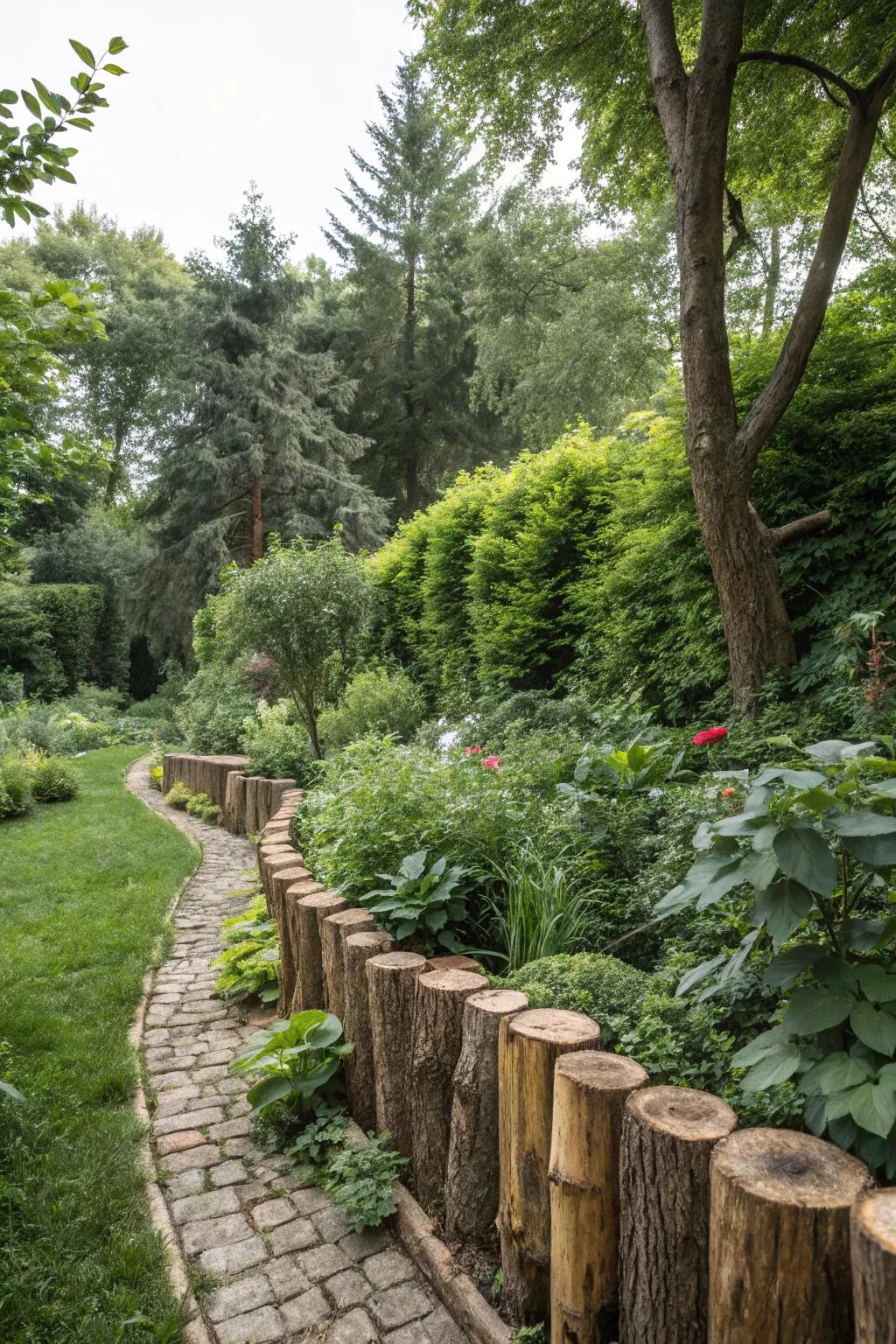 Vertical logs bring a woodland atmosphere to garden borders.