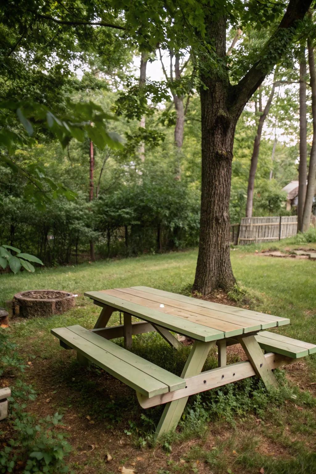 Embrace nature with earth-toned paint on your picnic table.