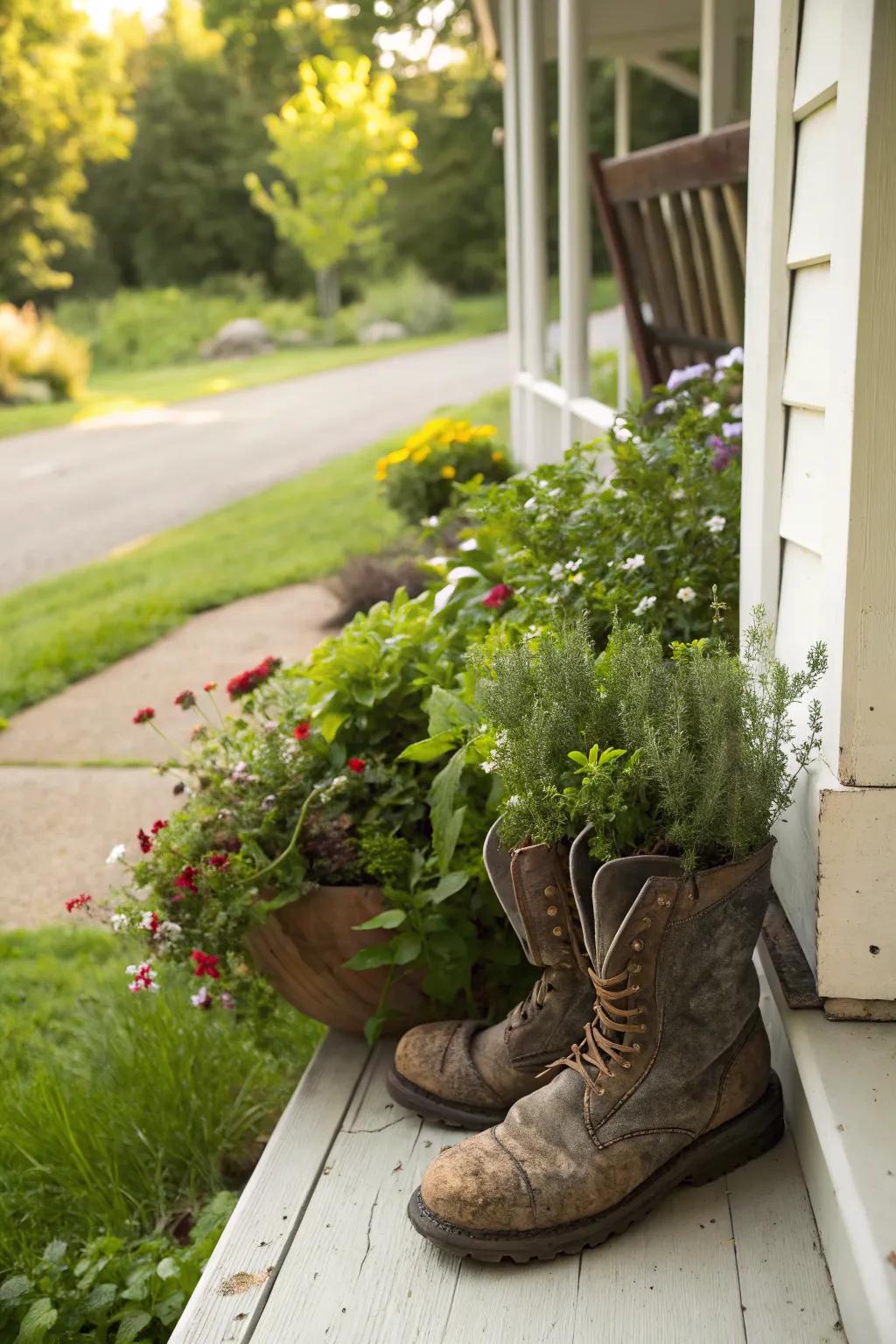 Old boots find new purpose as playful herb planters.