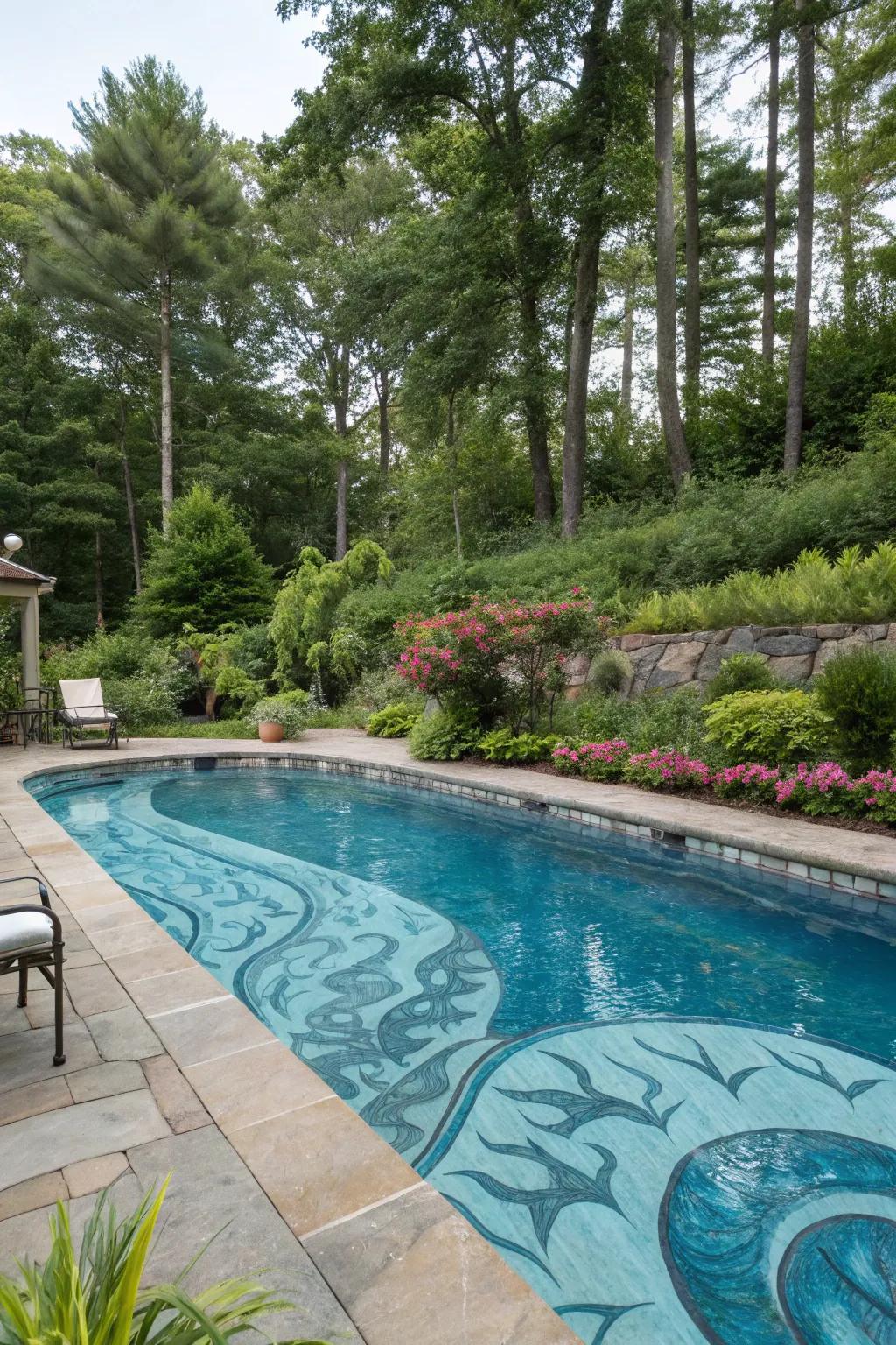 A pool with nature-inspired paint design resembling ripples.