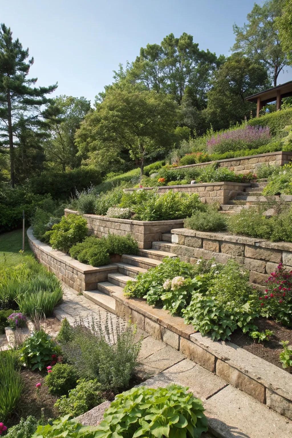 Multi-level retaining walls adding depth to a garden