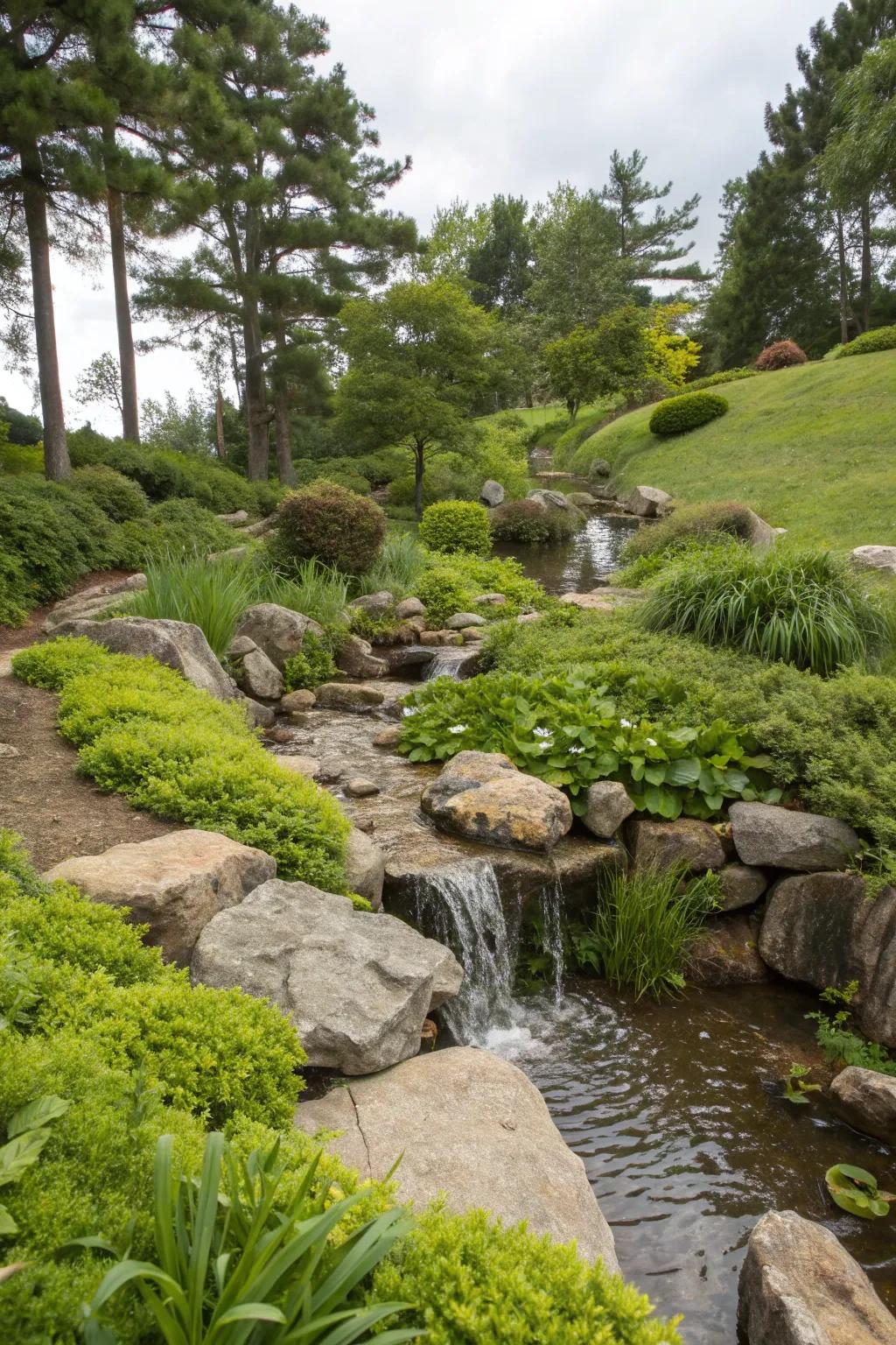 A water feature adds tranquility and charm to your sloped backyard.