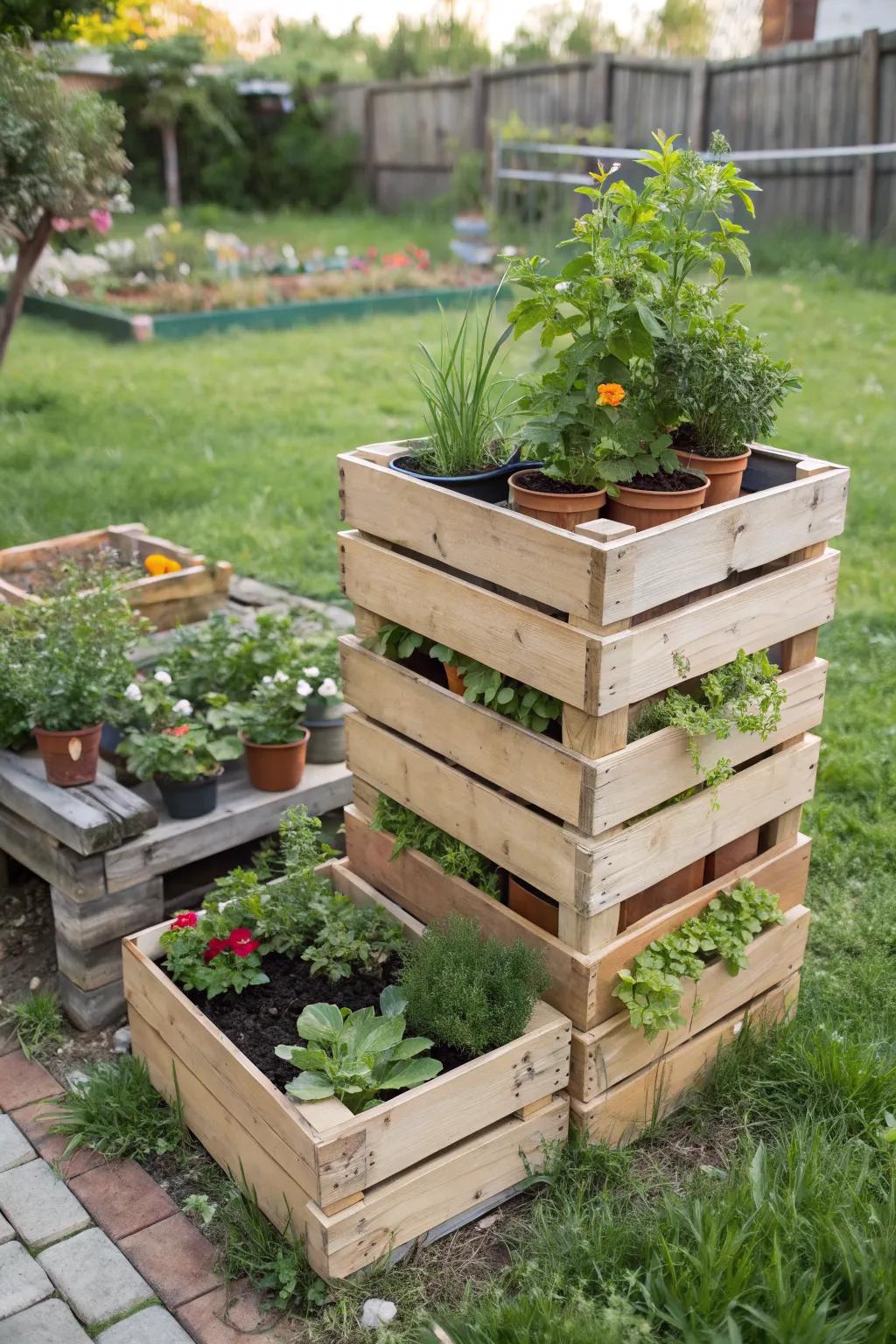 Rustic wooden crates turned into a charming herb garden stand.