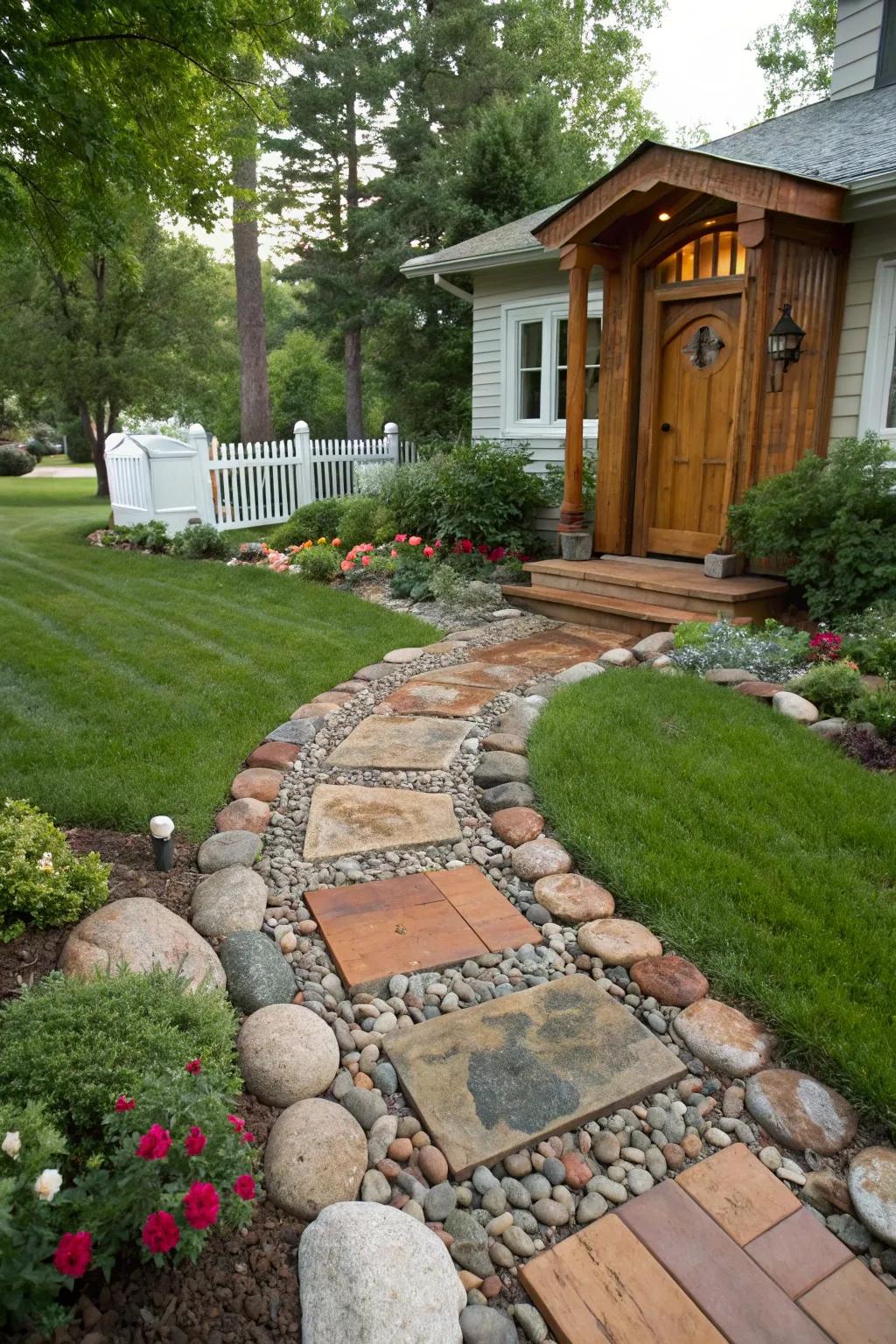 An artistic pathway made of diverse materials adds charm and direction.