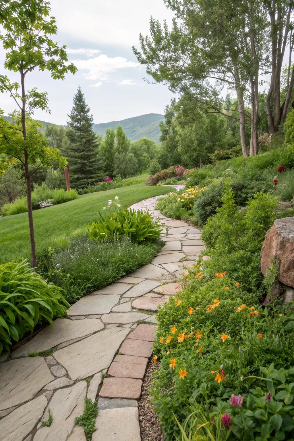 A picturesque stone pathway leading through a Utah backyard.