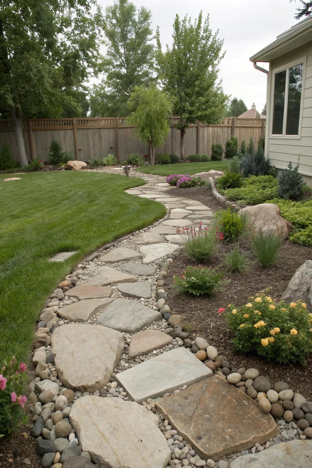 A garden with stone pathways that enhance its natural beauty.