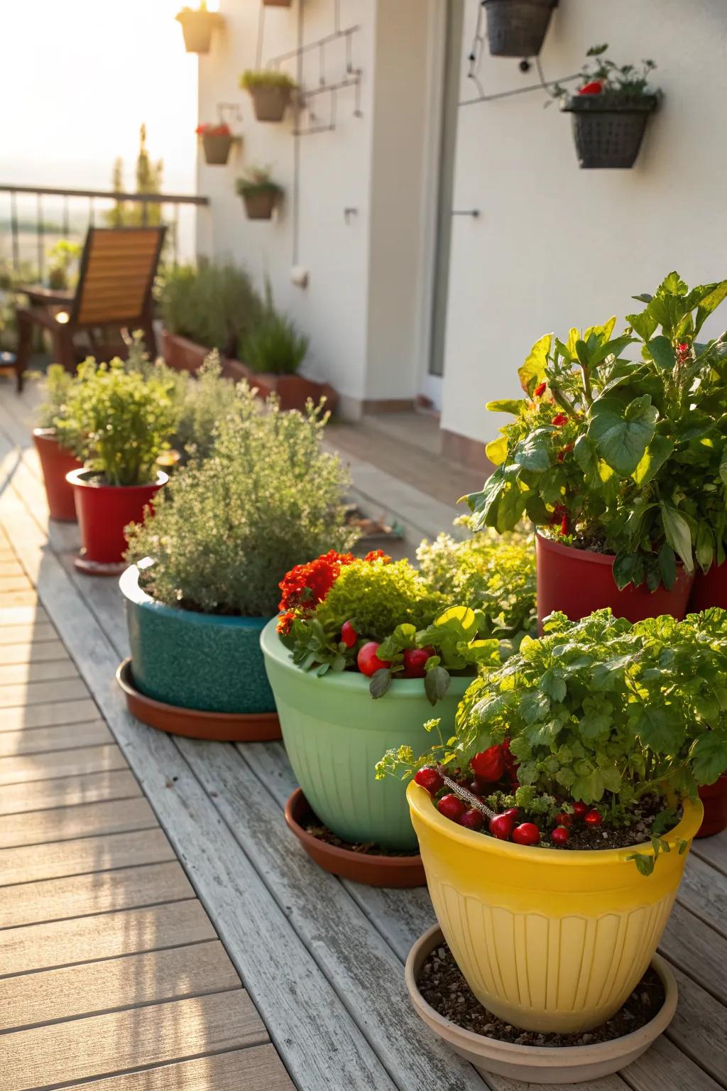 A patio adorned with colorful, versatile containers.