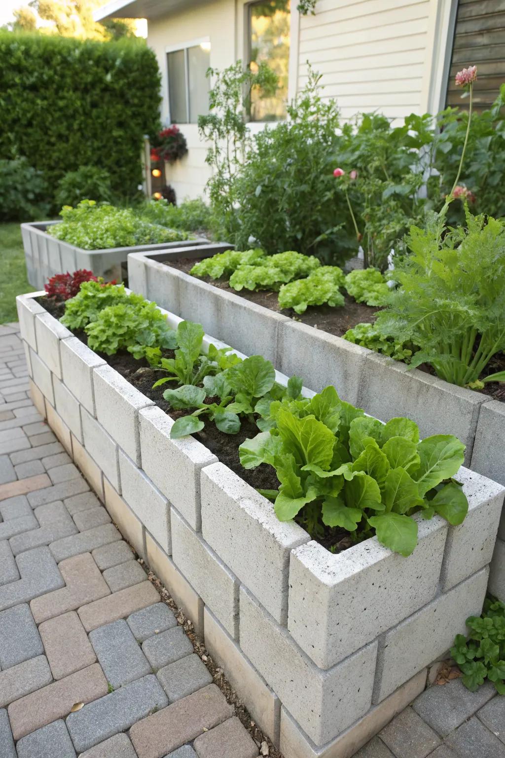 Cinder blocks create a sturdy and modern vegetable planter.
