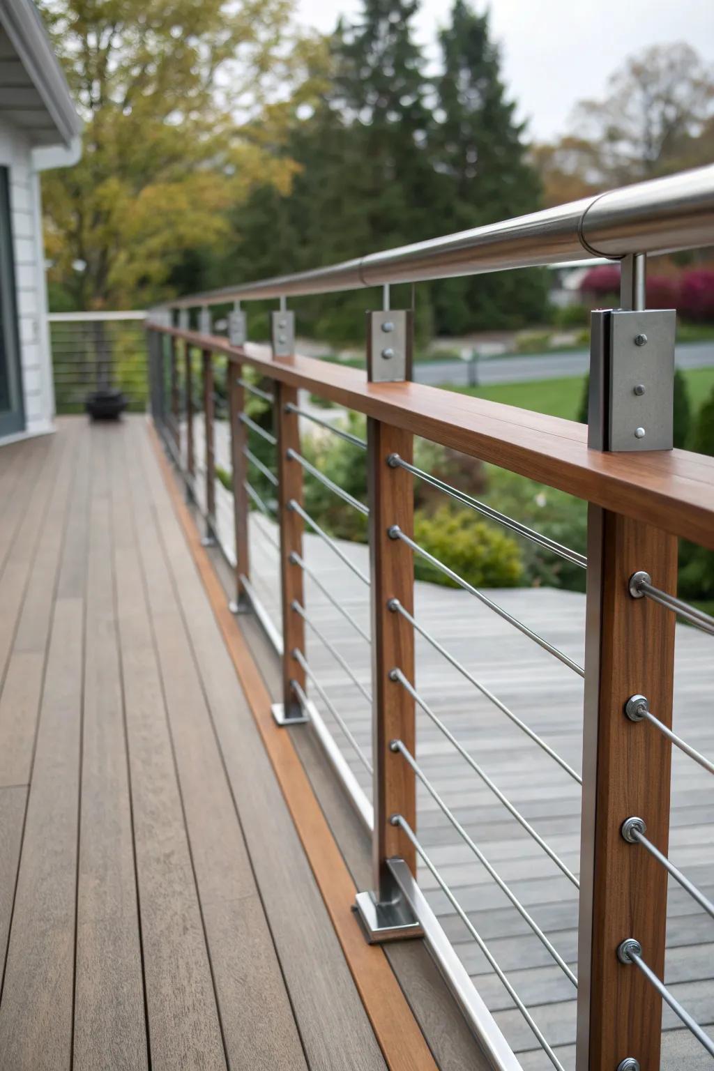 A harmonious blend of metal and wood in deck railings.