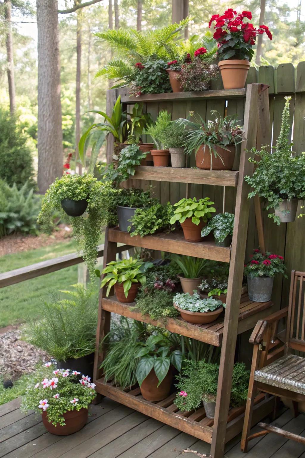 Tiered shelves provide a striking way to showcase your garden.