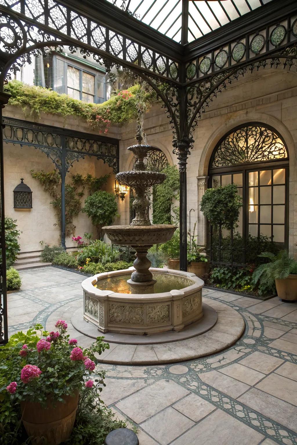 A charming decorative fountain graces this Victorian patio.