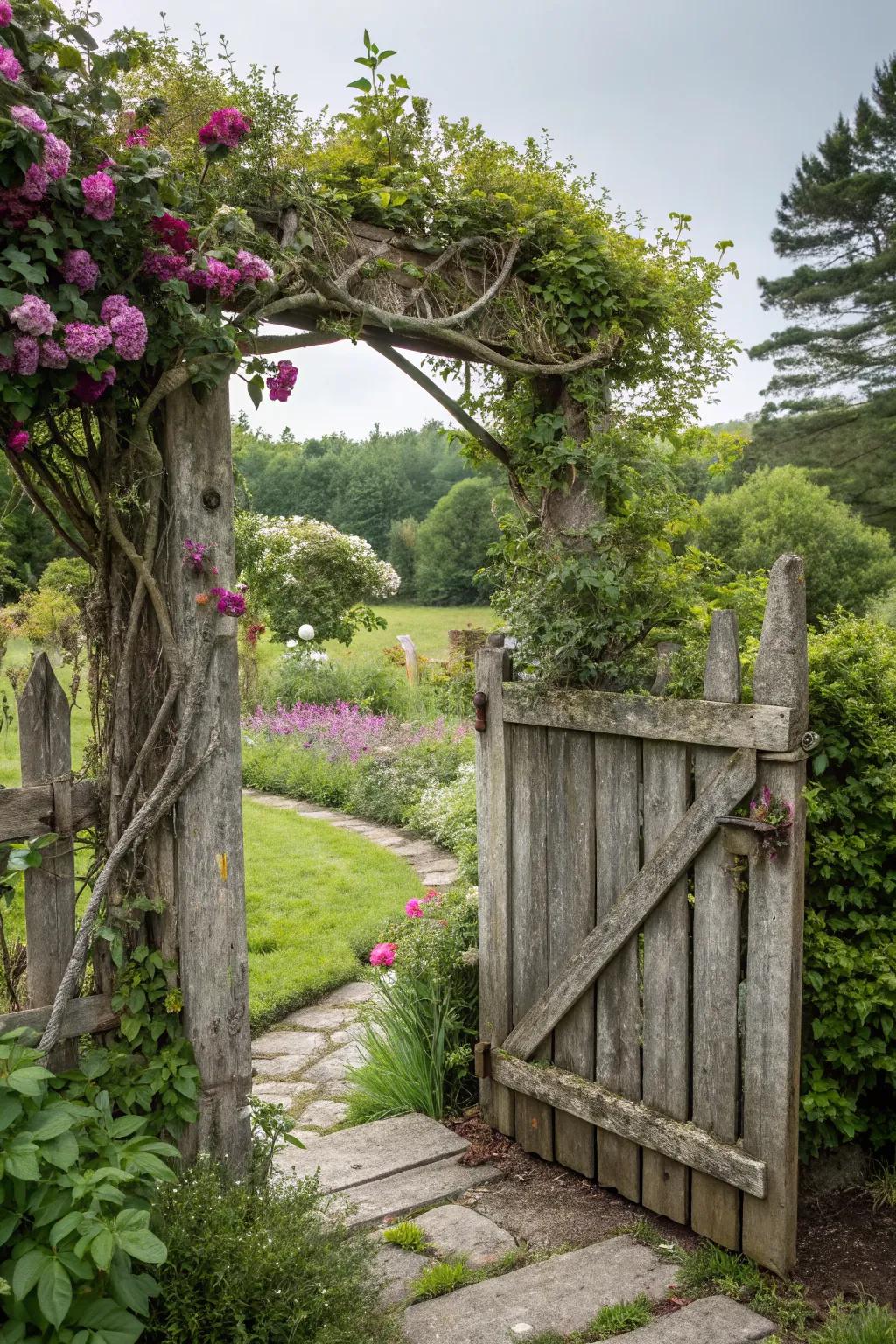 A rustic wooden garden gate adorned with climbing plants, creating a welcoming entry.