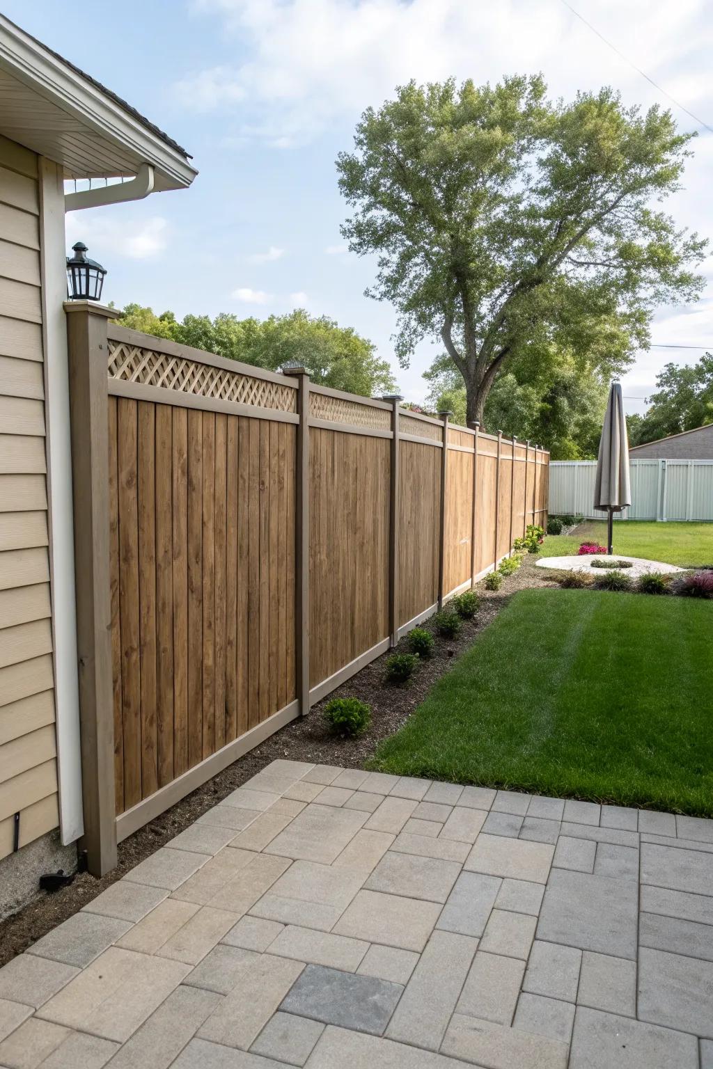 A vinyl fence with wood grain texture brings natural beauty and low maintenance to this patio area.