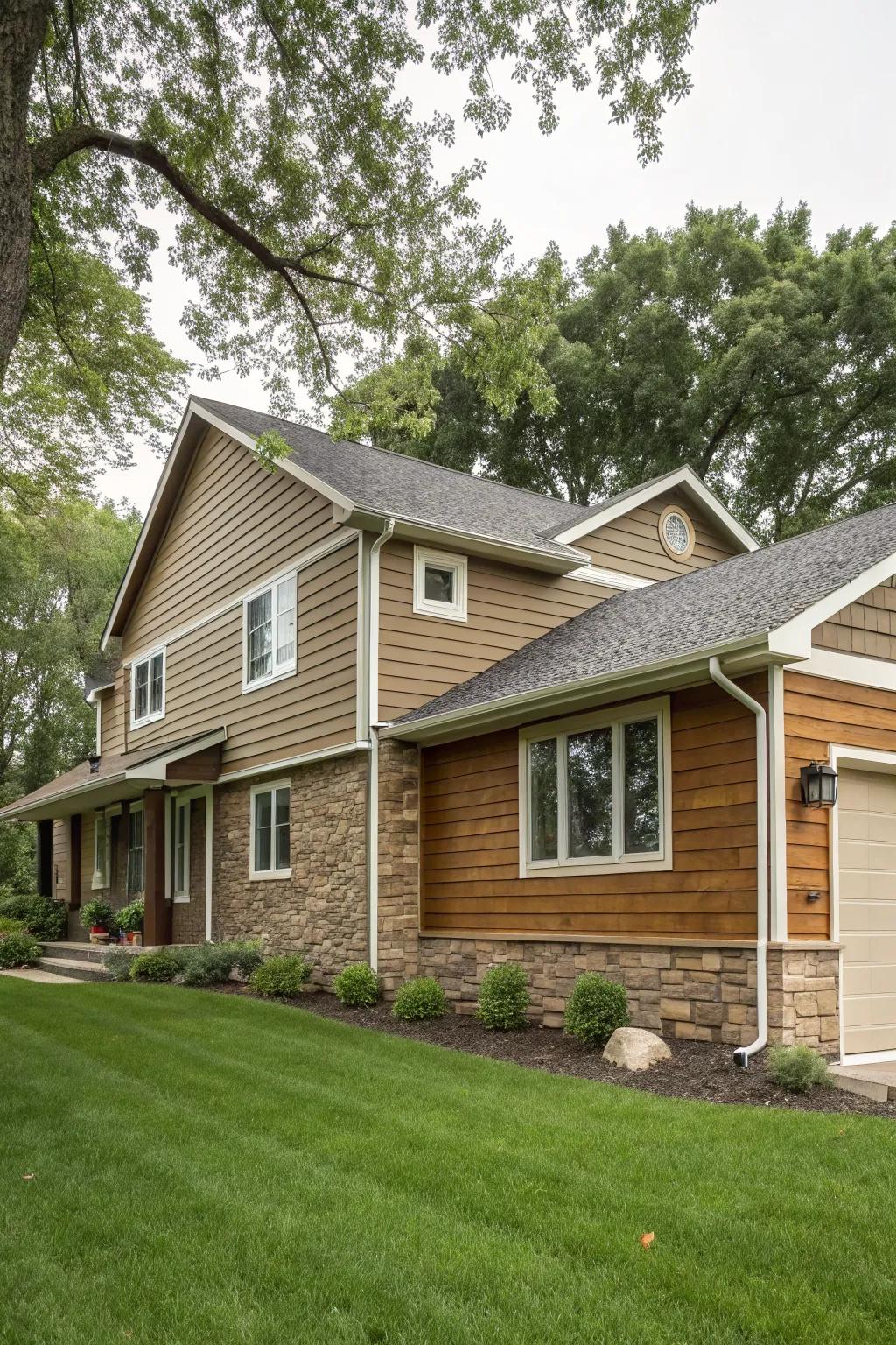 A visually intriguing ranch home showcasing mixed texture vinyl siding.