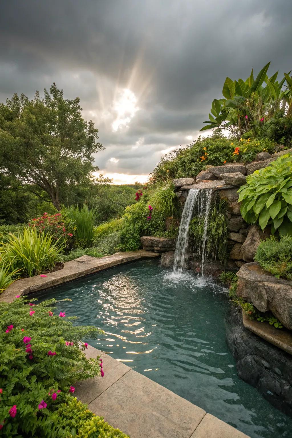 A cascading waterfall adds a magical touch to this inground wading pool.