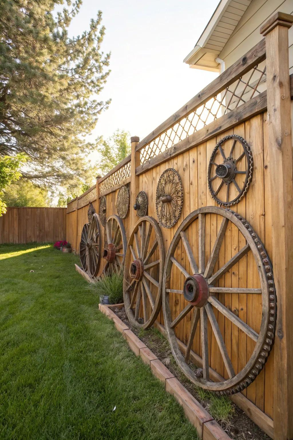 A sturdy and stylish fence combining wagon wheels with wood and metal.