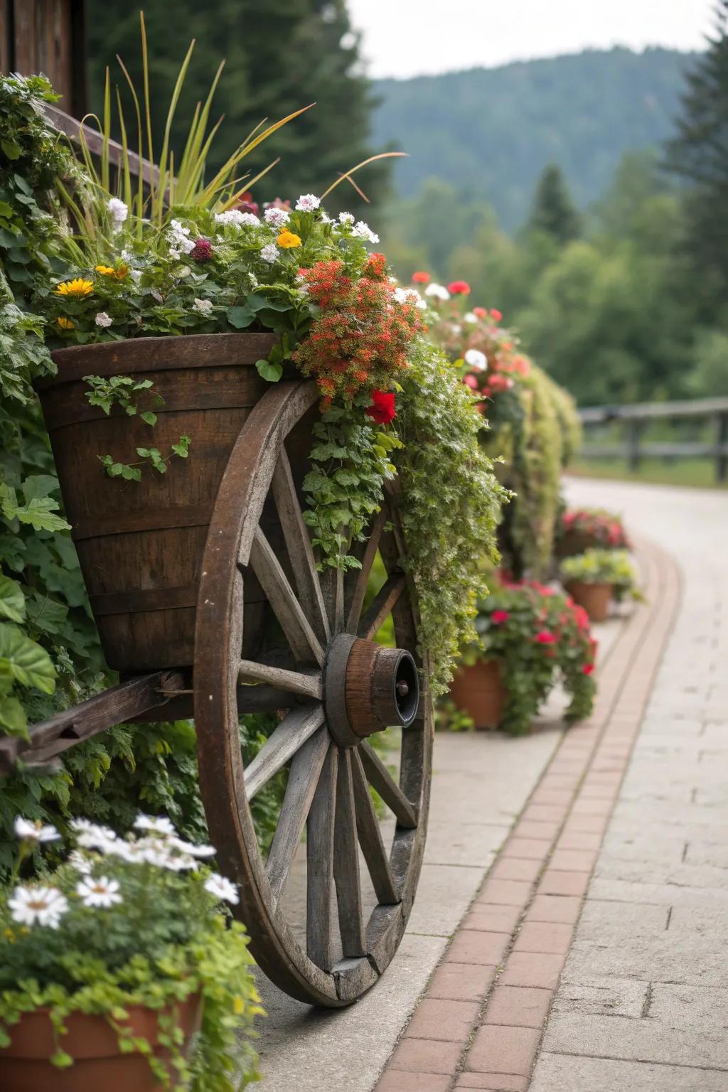 Planters creatively integrated into a wagon wheel design.