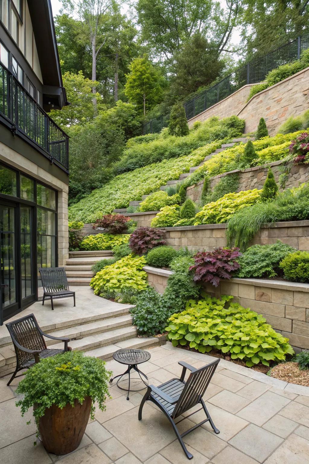 A terraced garden with cascading plants adds vibrant greenery to a walkout basement patio.