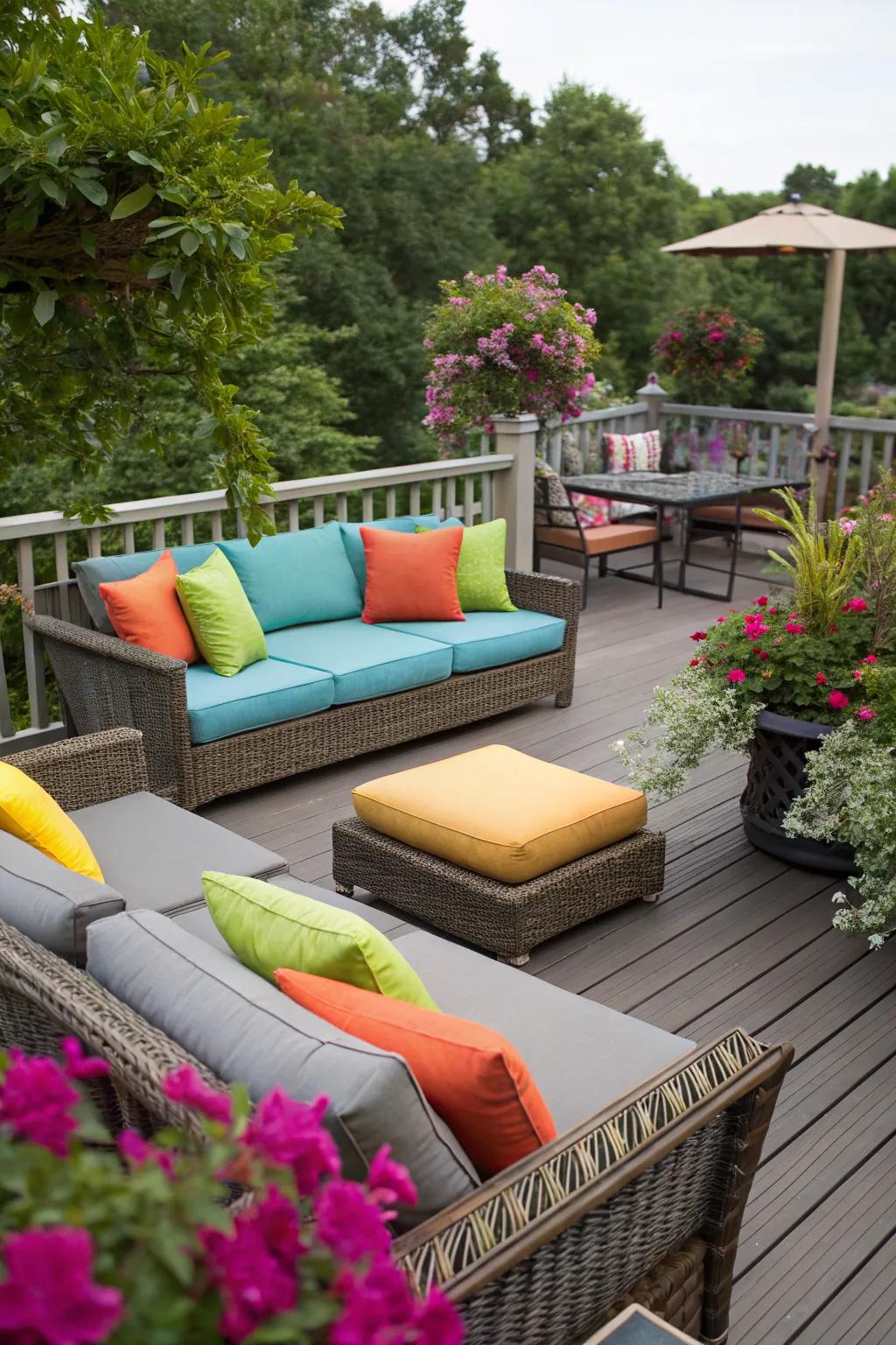 A deck with stylish outdoor sofas and chairs with colorful cushions.