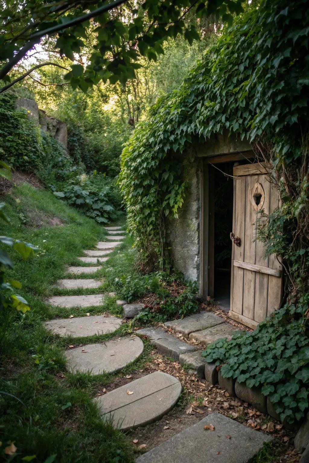 A garden pathway creates a whimsical entrance to the basement.