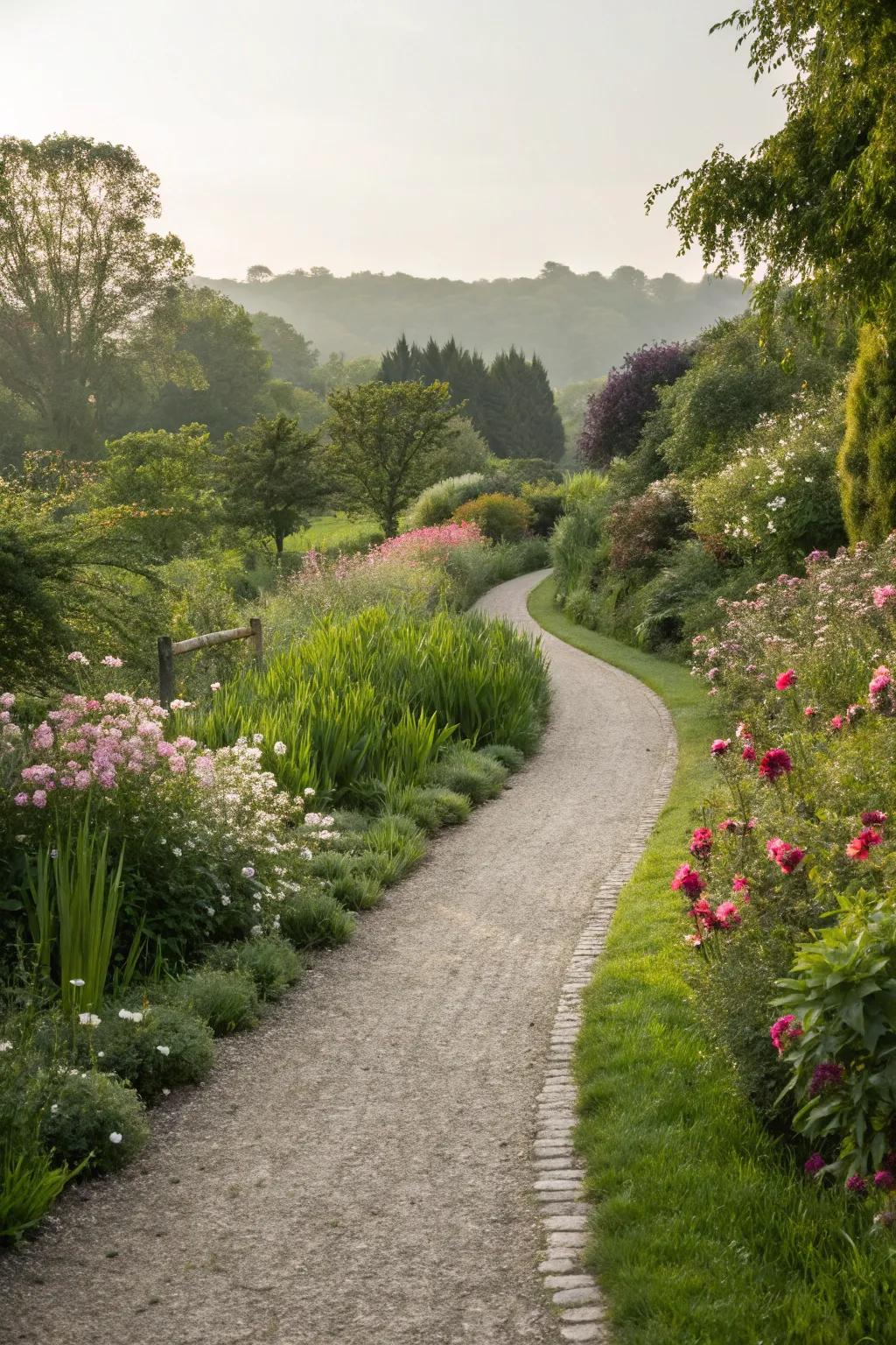 A softly curved gravel path meandering through greenery.