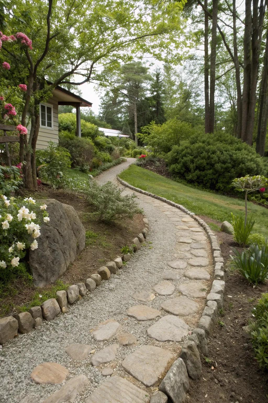 A gravel path with neat edging creates a tidy and functional walkway.