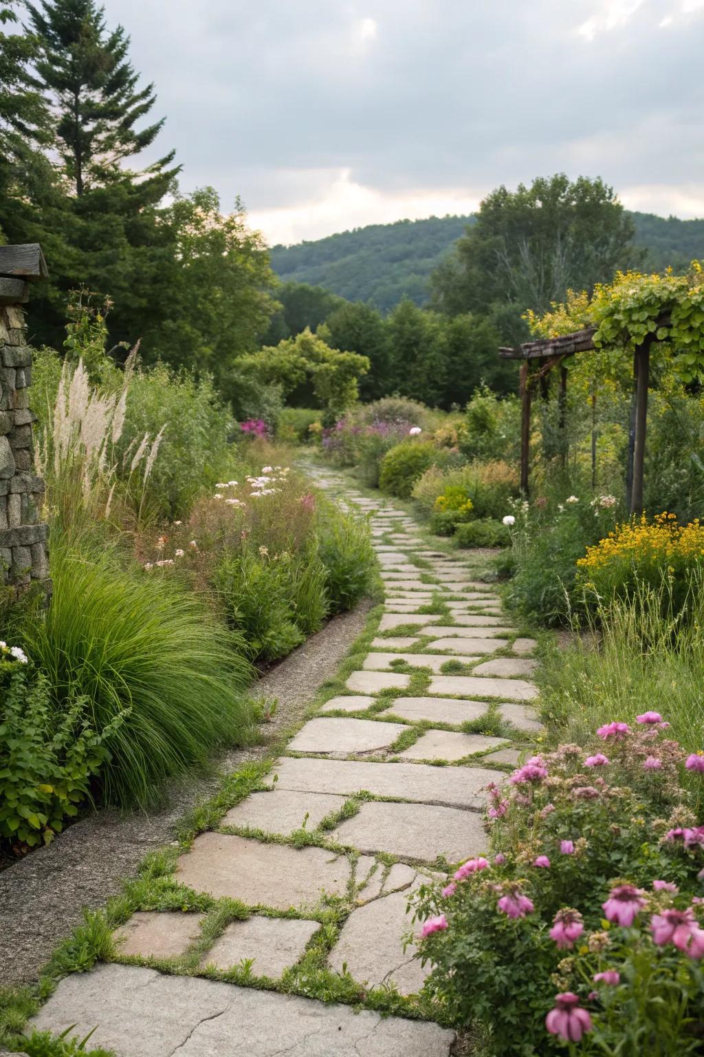 Rustic walkway with natural stone and greenery