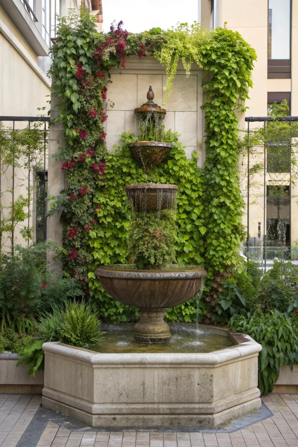 A vertical garden wall fountain merges greenery with flowing water.