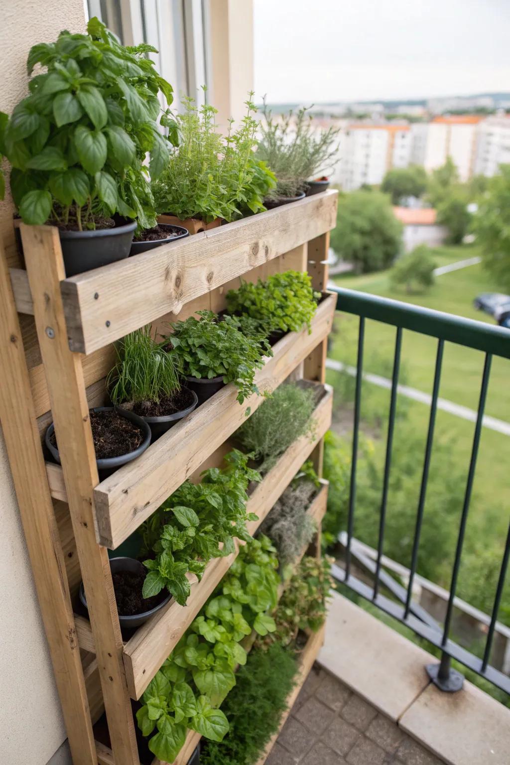 A pallet garden bursting with fresh herbs.