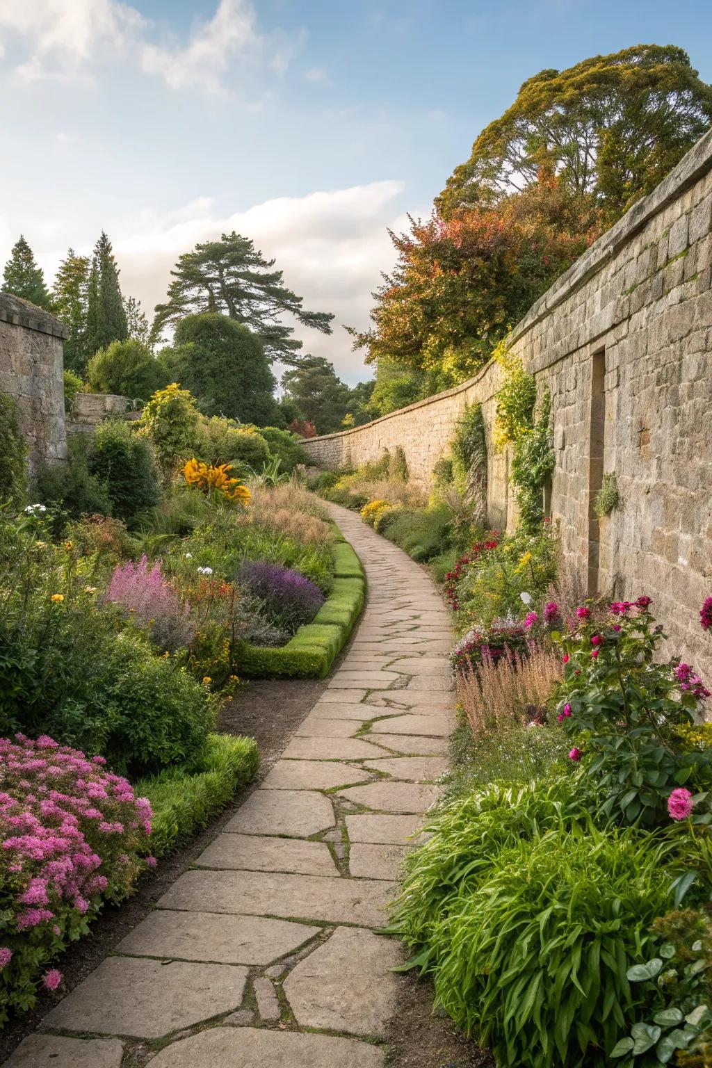 Charming stone pathways leading through lush greenery.