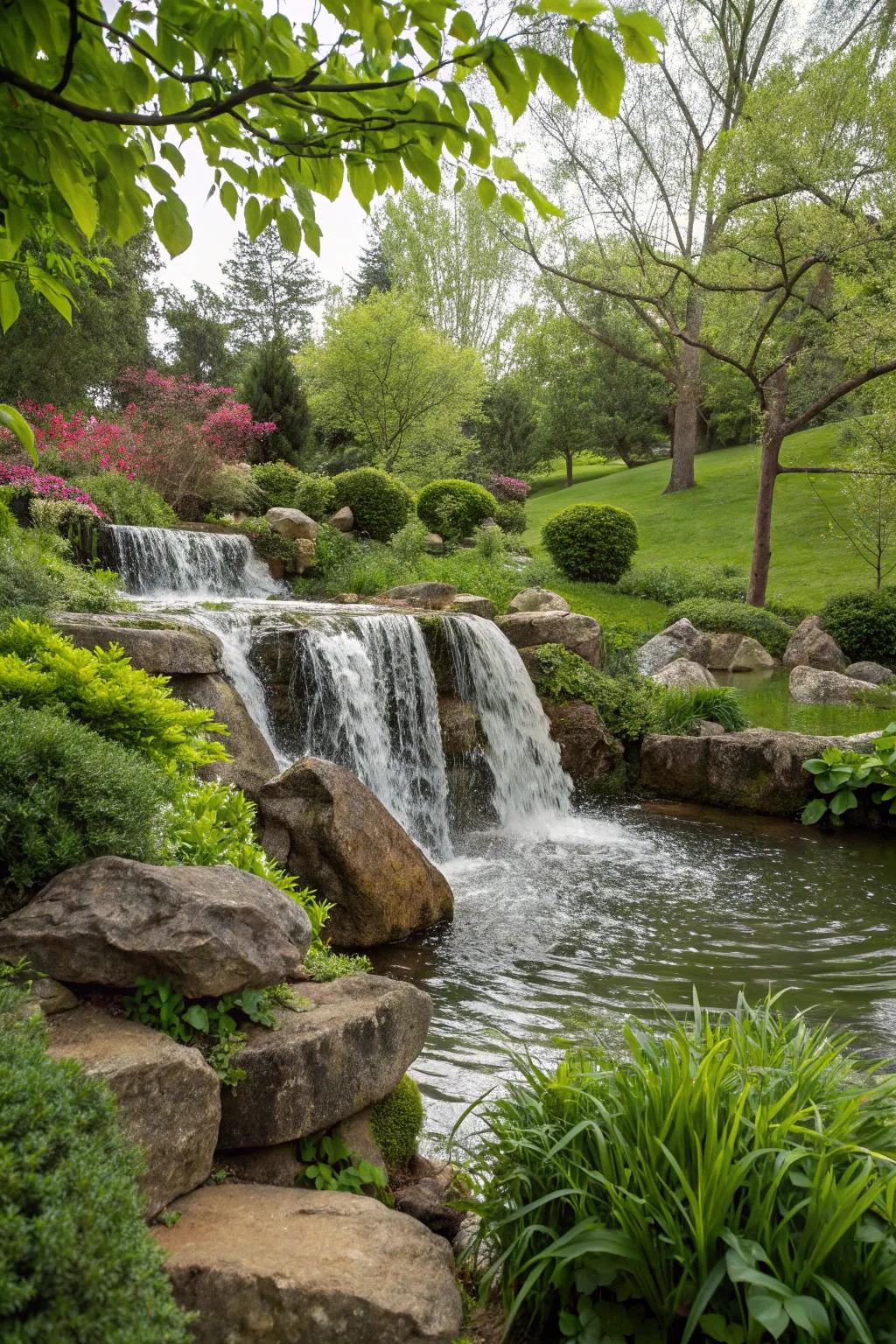 A cascading waterfall brings dramatic movement and sound to a garden.