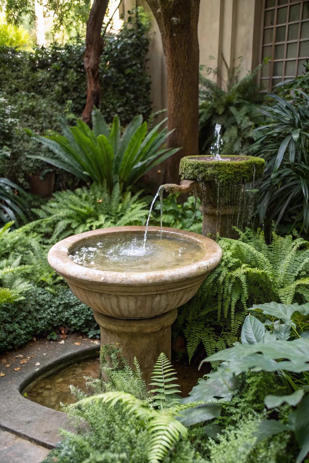 A garden trough fountain harmoniously integrated with greenery.