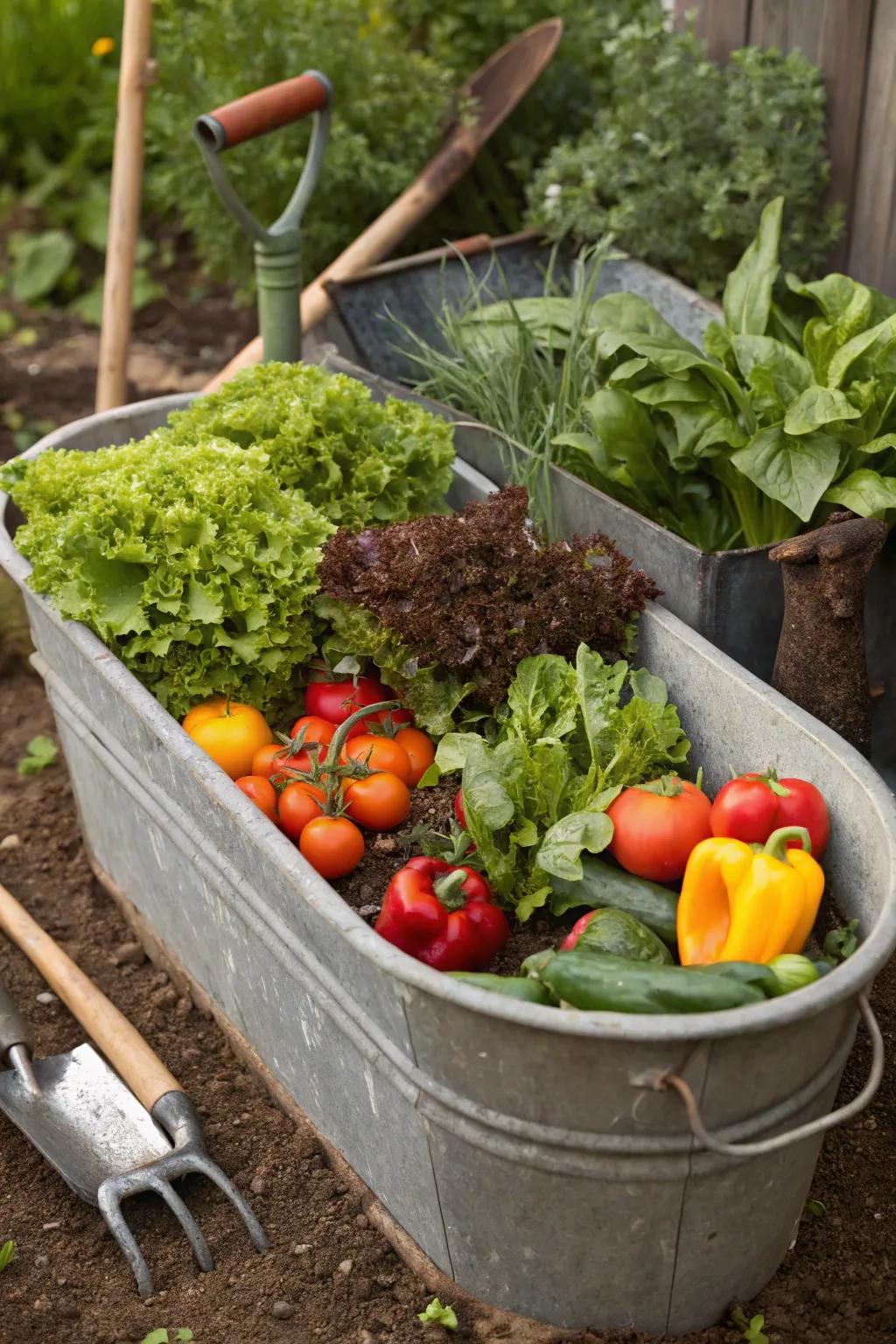 A vegetable garden thriving in a water trough planter.
