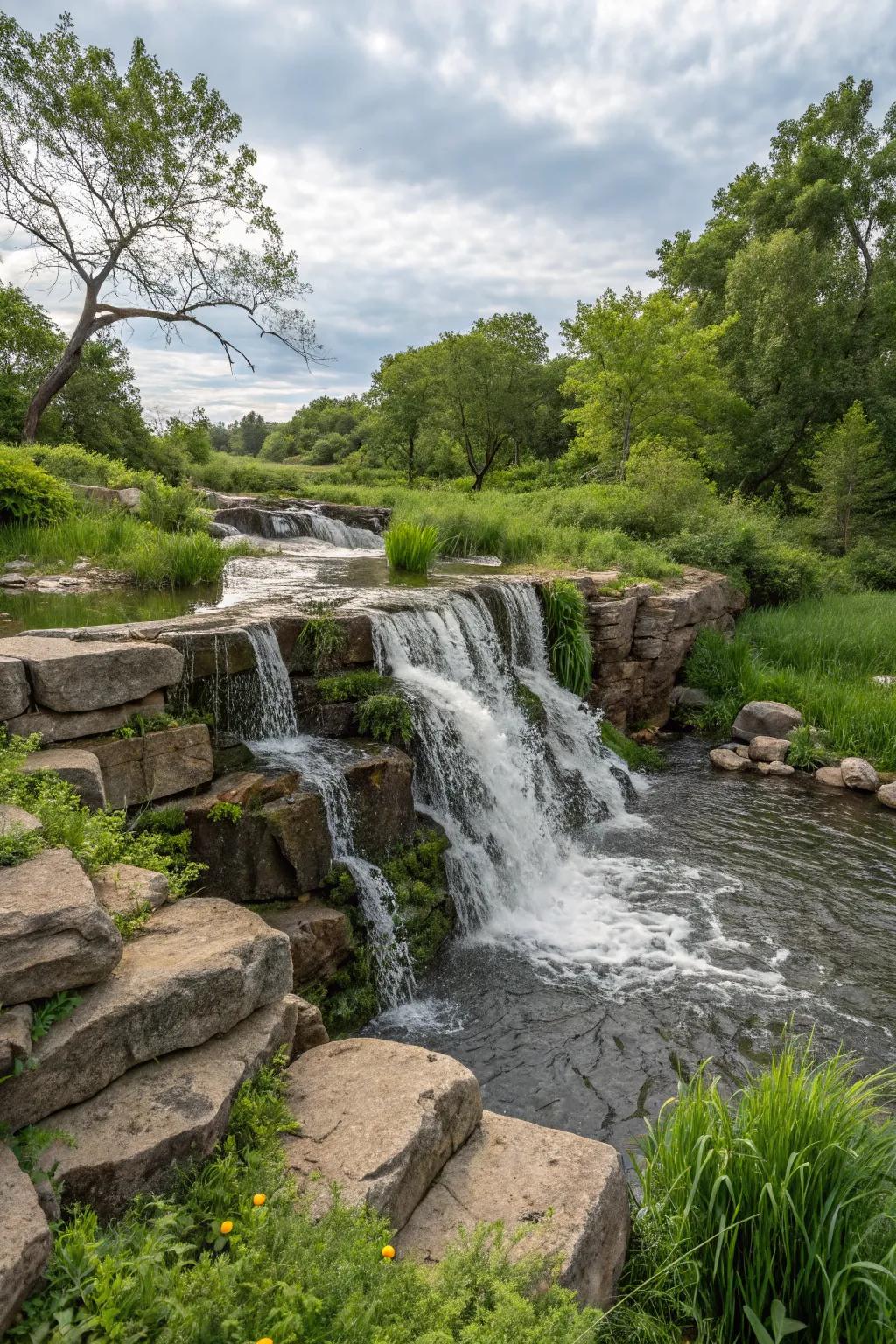 A natural stone waterfall spillway offers an organic, nature-inspired look.
