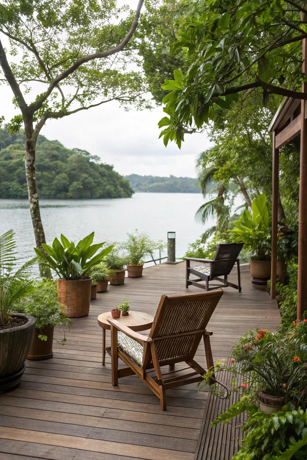 Integrate natural elements for a harmonious waterfront deck experience.