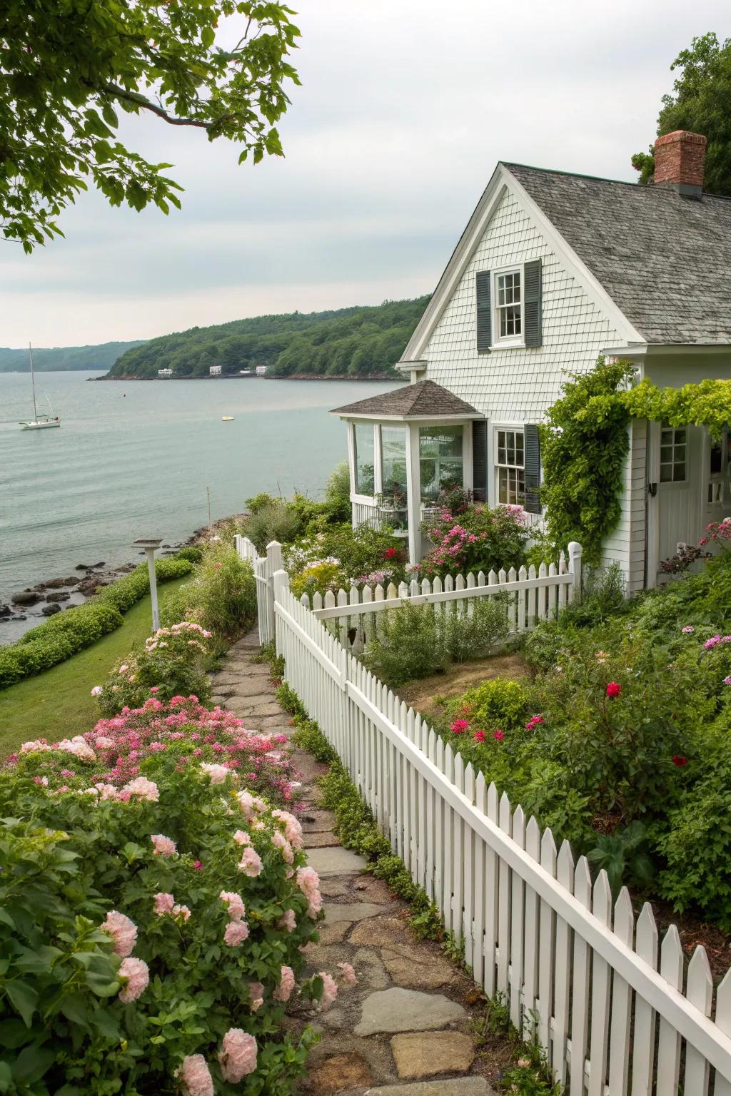 A classic white picket fence brings a timeless look to this waterfront property.