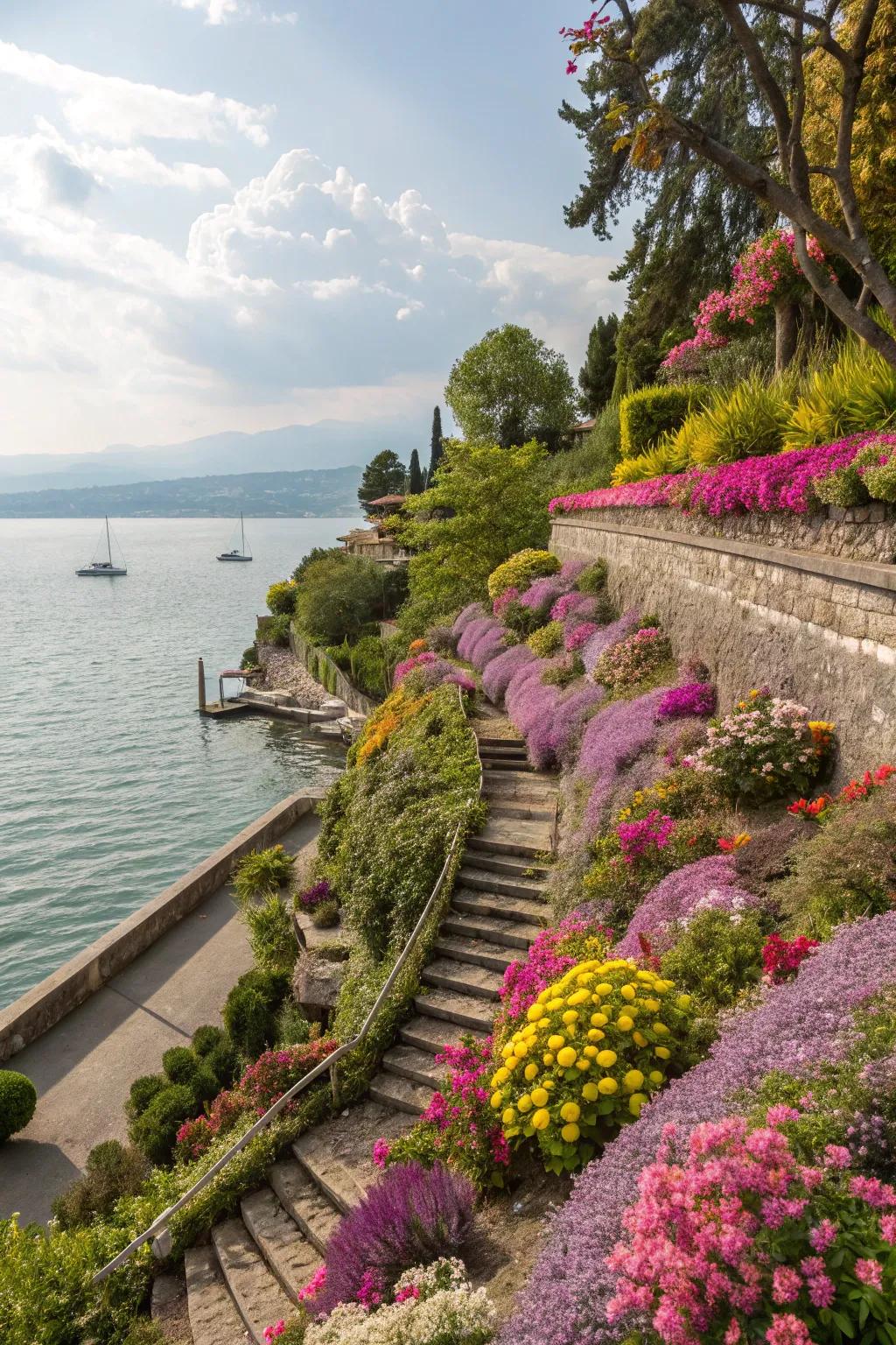 A terraced garden blooming with vibrant flowers by the water.
