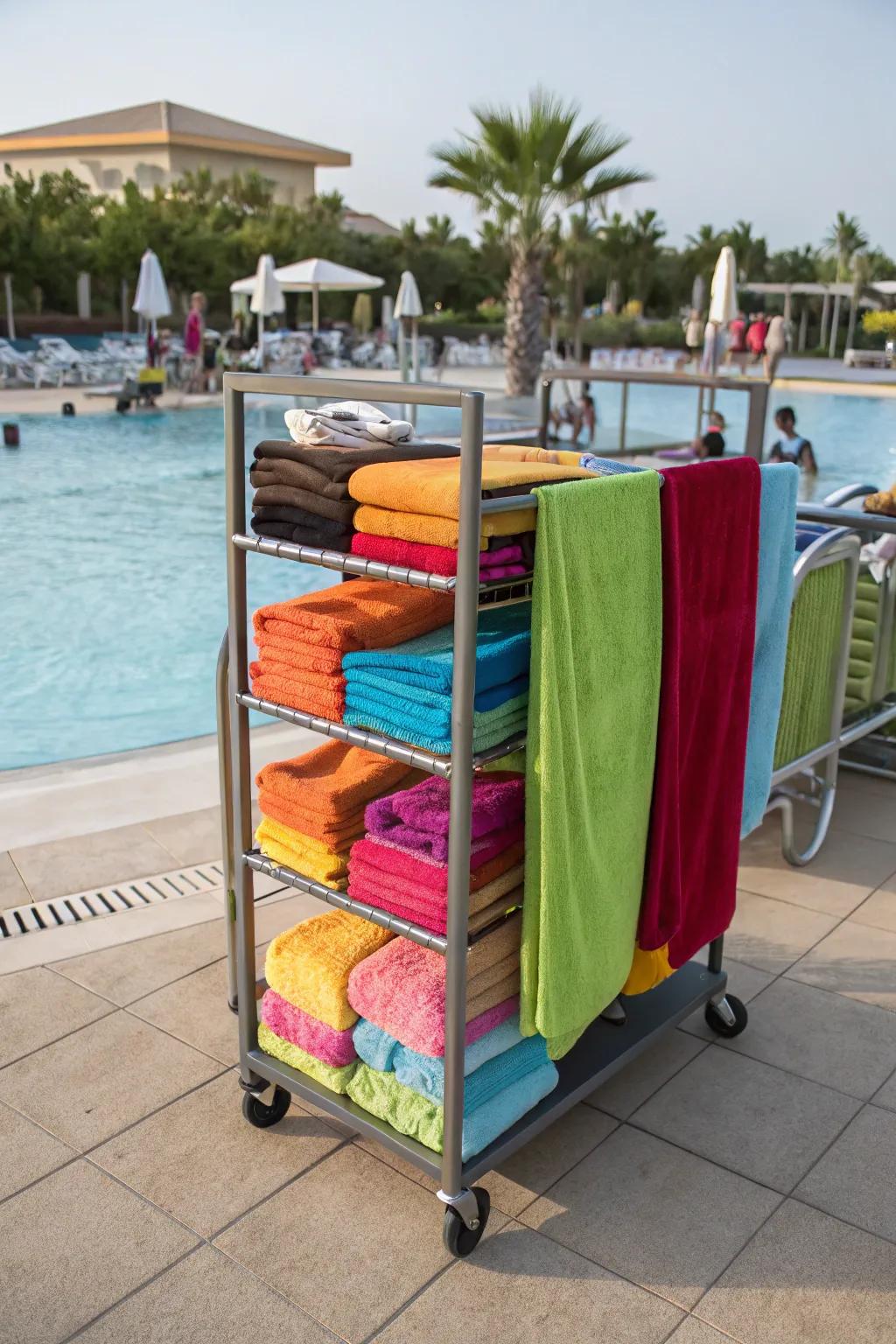 Convenient and mobile towel storage with a rolling cart.