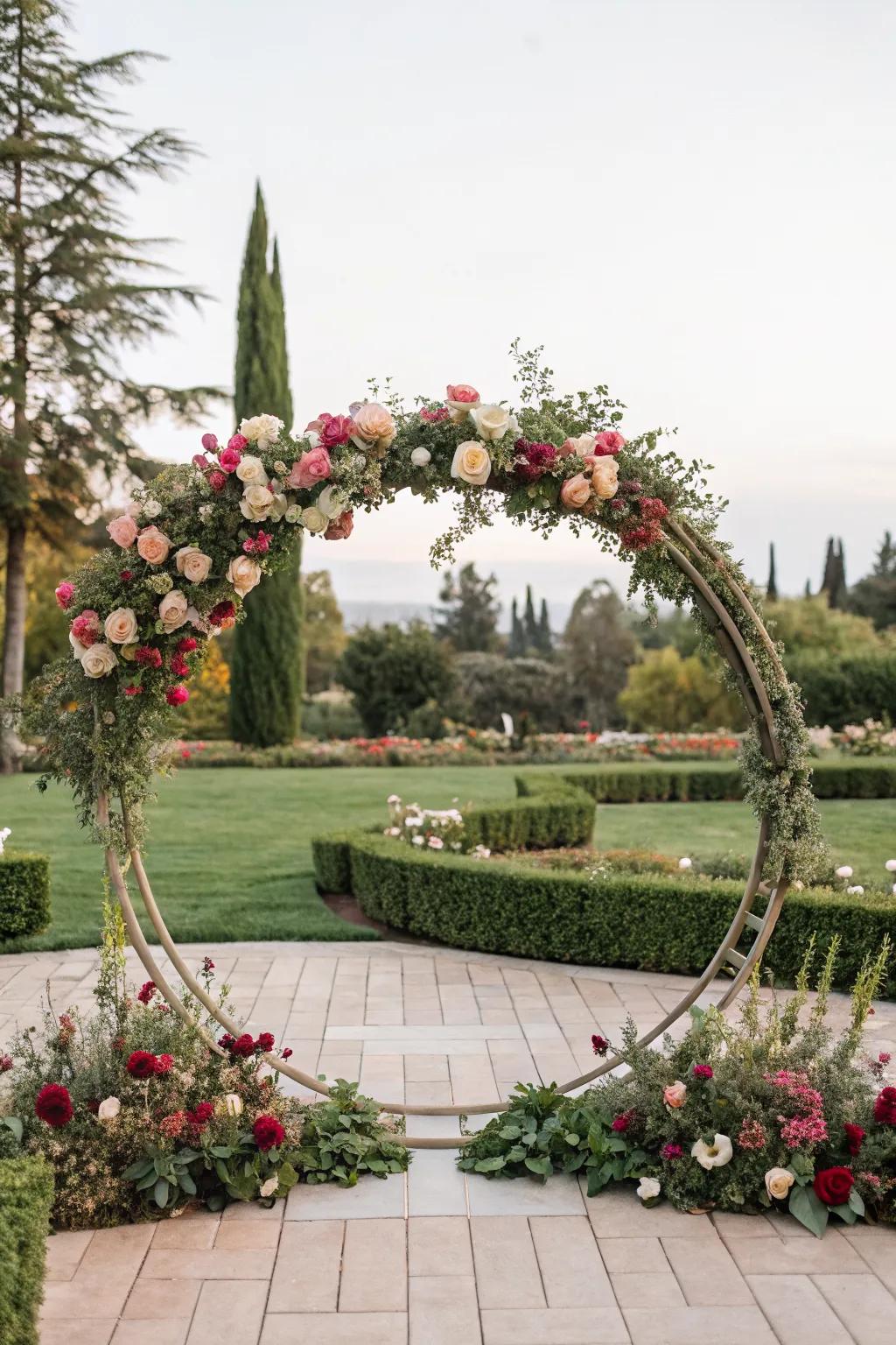 A stunning circular arch symbolizing unity and eternity, adorned with lush flowers.