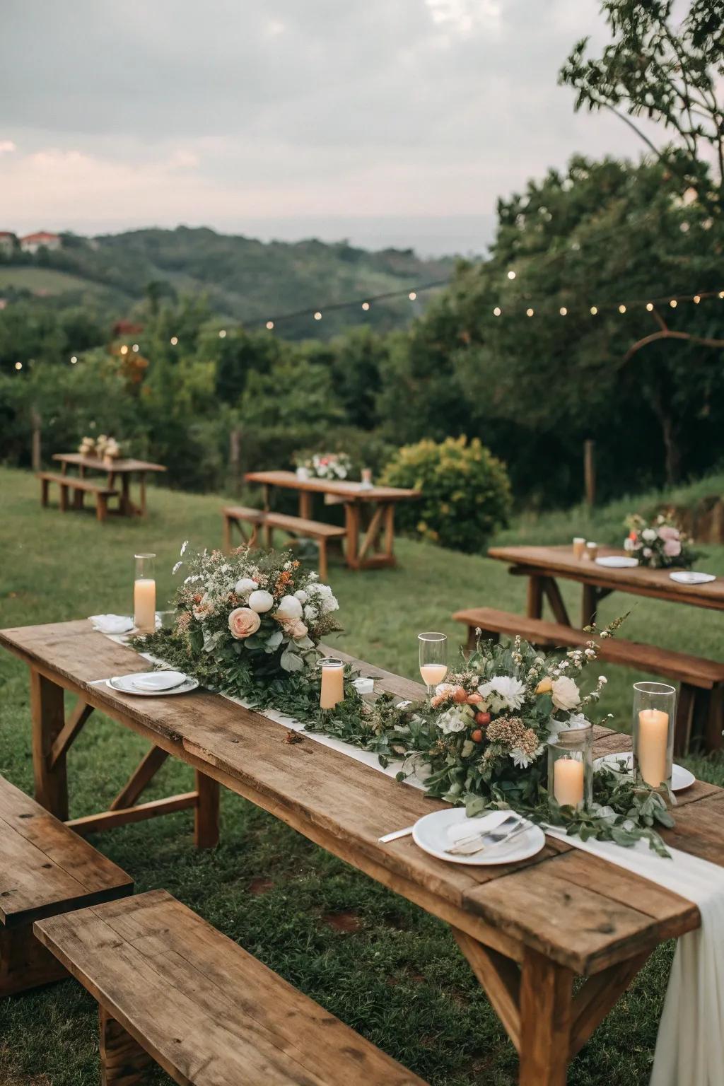 Rustic wooden tables perfectly complement the garden setting.