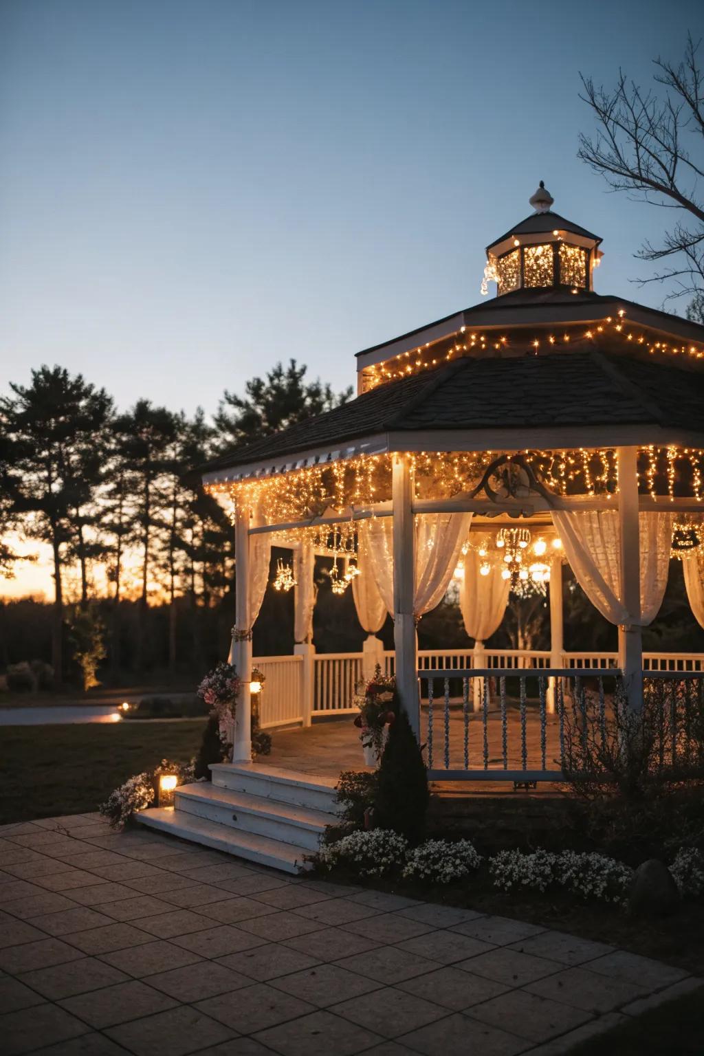 String lights add a magical glow to this evening wedding.